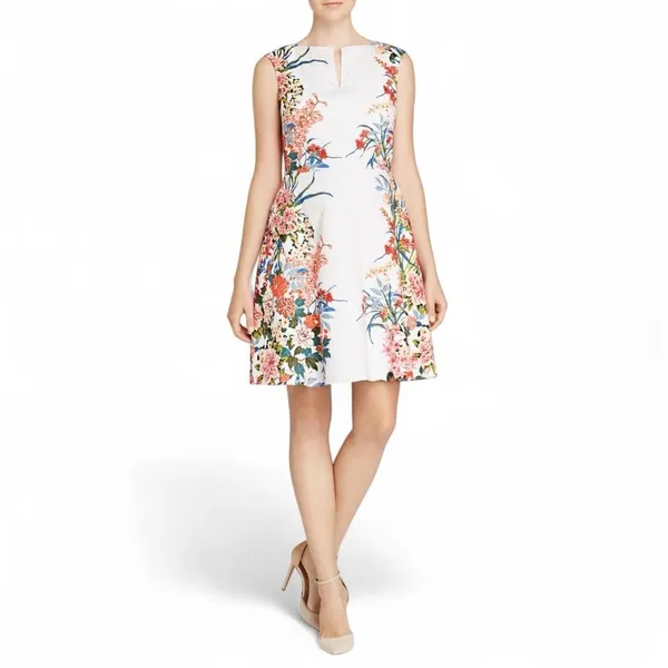 Adrianna Papell Floral Fit & Flare White Dress Multi Garden Party Size 14 Derby - Image 2