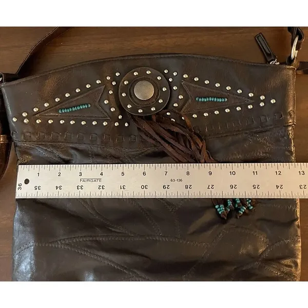 Brown leather BOHO Southwest fringe bag purse studded Turquoise Accent Aztec - Image 9