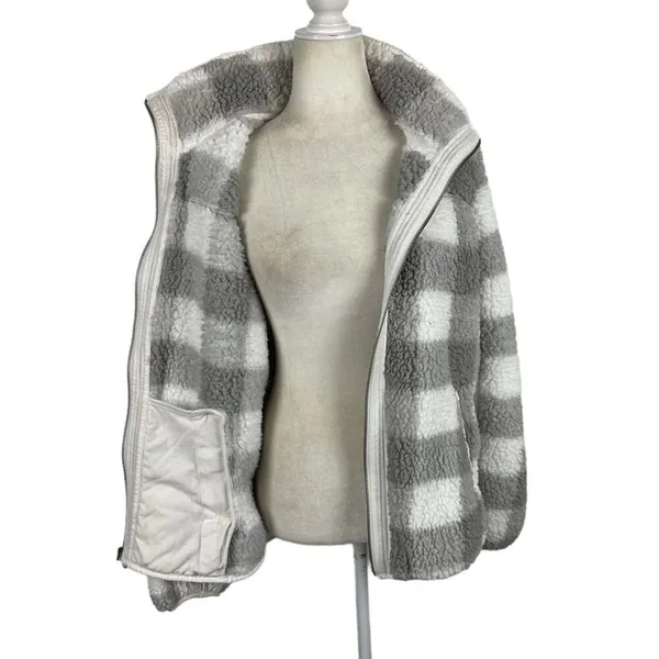 Abercrombie Sherpa Check Fleece Plaid Full Zip Jacket Coat Gray and White Size Medium - Image 12