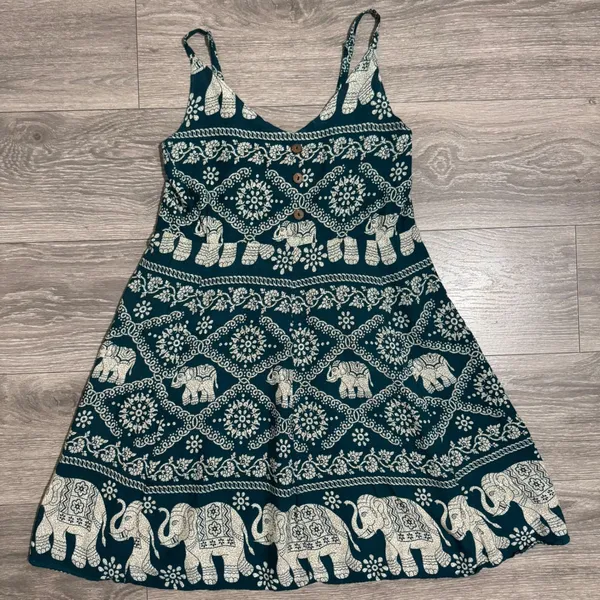 Boho Elephant Print Sundress Dress Size‎ S Teal Cream Smocked Back Mini Thailand - Image 9