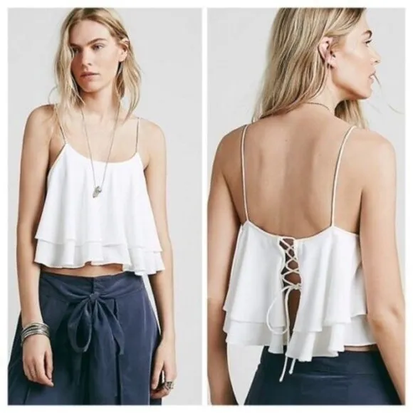 Free People Tropical Wave Cream Lace Back Crop Tank Top - M - Image 2