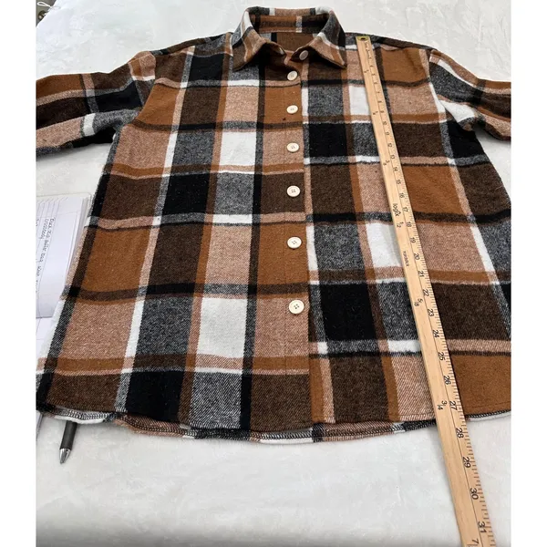 Womens Brown Plaid Button Down Shacket Oversized Flannel Shirt Jacket L - Image 3