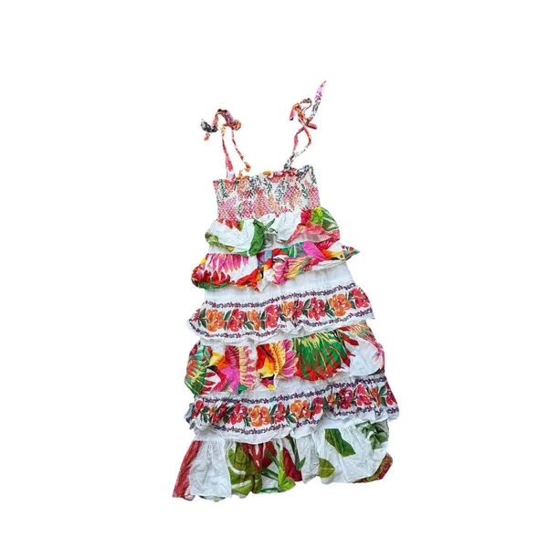Farm Rio Mixed White Prints Layered Dress M Tropical Floral Tiered Linen Smocked - Image 5