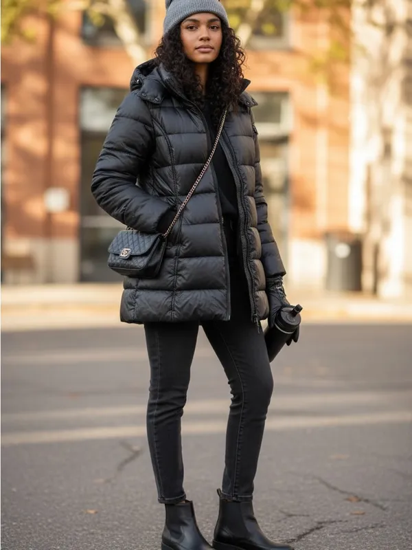 Noize Black Hooded Puffer Jacket Vegan Leather Trim Womens Medium Belt Missing - Image 5