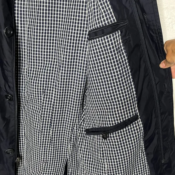 Lands' End Women's Navy Blue Long Zipper Button Gingham Lined‎ Trench Coat Small - Image 4