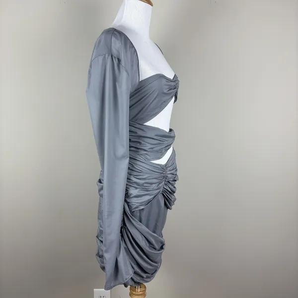 House‎ of CB Mini Dress Womens L+ 10/12 Camille Grey Silk Cutout Ruched Sexy - Image 6