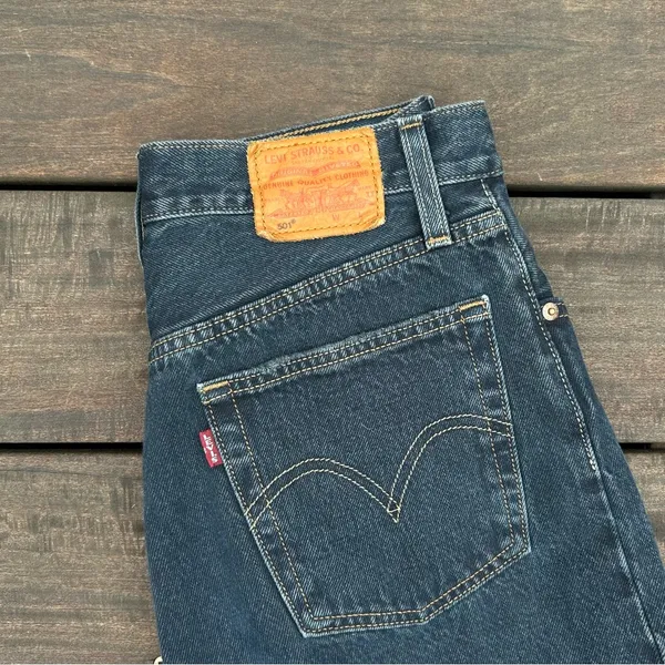 Levi's Straight Leg 501 Dark Wash Blue Denim Jeans w/ Distressed Knees - Image 2