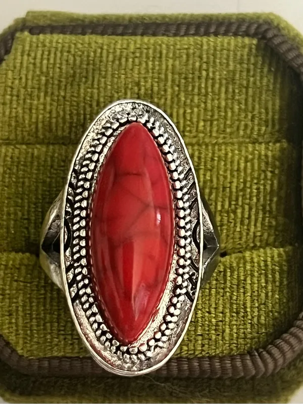 Boho/Design Red Oval Turquoise Stainless Steel Silver Statement Ring Size 8 - Image 2