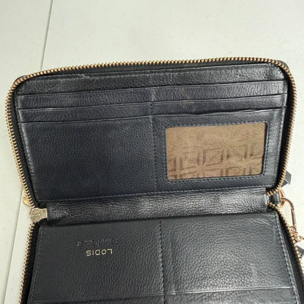 Lodis Ellie Single Zip Wristlet Black Pebbled Leather RFID Gold Hardware Wallet - Image 13