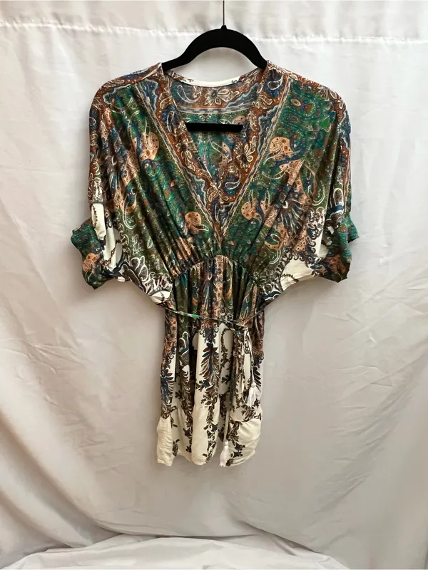 SHEIN Paisley Boho Kimono Mini Dress Green Brown Cream Size L - Image 3