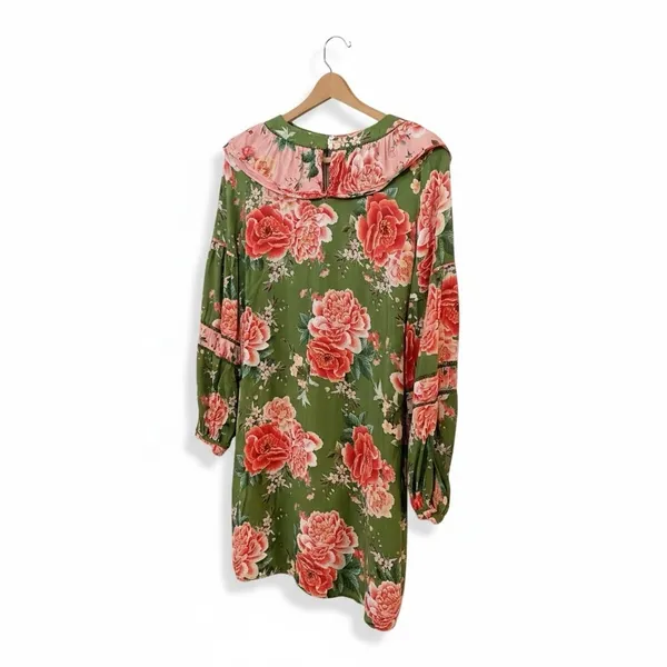 FARM Rio Anthropologie Elinor Tunic Dress Green‎ & Pink Floral Ruffle Size M - Image 4
