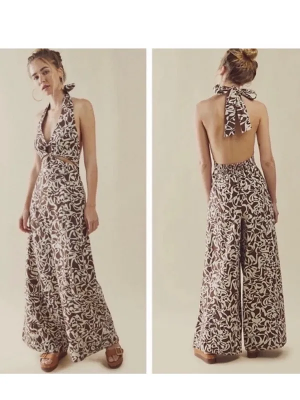 Free People Kira Abstract Cut-Out Brown & White Jumpsuit - Image 2