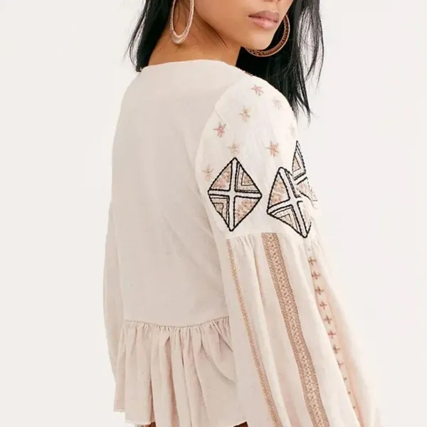 FREE PEOPLE Aria Embroidered Top Babydoll Peasant Balloon Sleeve Natural Linen S - Image 3