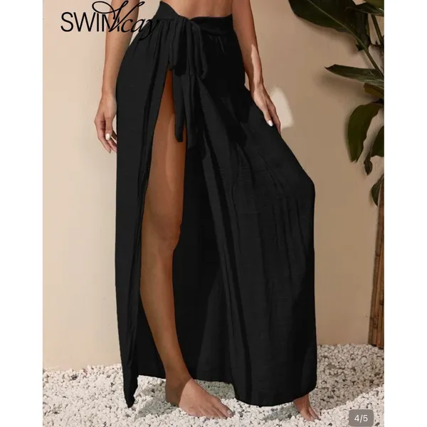SheIn Black Wrap Swim Cover Up Skirt Maxi Side Slit Tie Waist Beach Size‎ S - Image 4