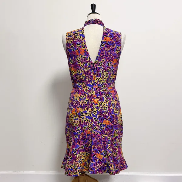 Saloni Blue Purple Floral Sleeveless Plunging V Neck Choker Neck Fleur Dress 8 - Image 4