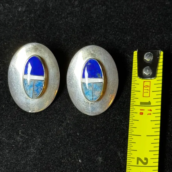 Vintage Southwestern Sterling Silver Lapis Inlay Oval Stud Earrings Boho Blue - Image 3