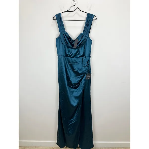 Lulus Stunning Arrival Dark Teal Satin Off The Shoulder Maxi Dress Formal XL NWT - Image 5