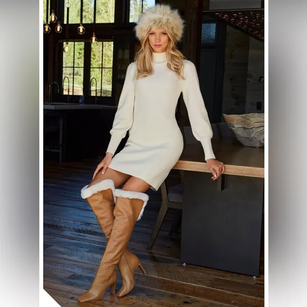 BCBGMAXAZRIA‎ Tan Leather Over The Knee Boot Faux Fur High Block Heel Size 7 - Image 8