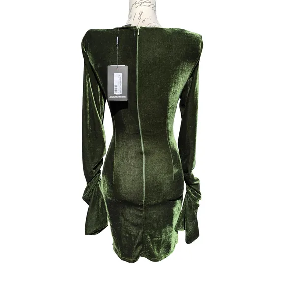 PrettyLittleThing NWT Olive Velvet Twisted Cut Out Ruched Bodycon Dress Size 4 - Image 6