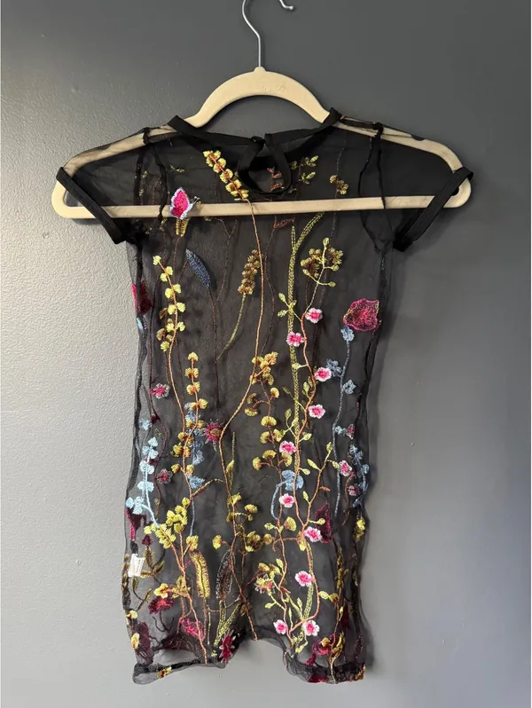 Black Sheer Mesh Top with Colorful Floral Embroidery - Image 2