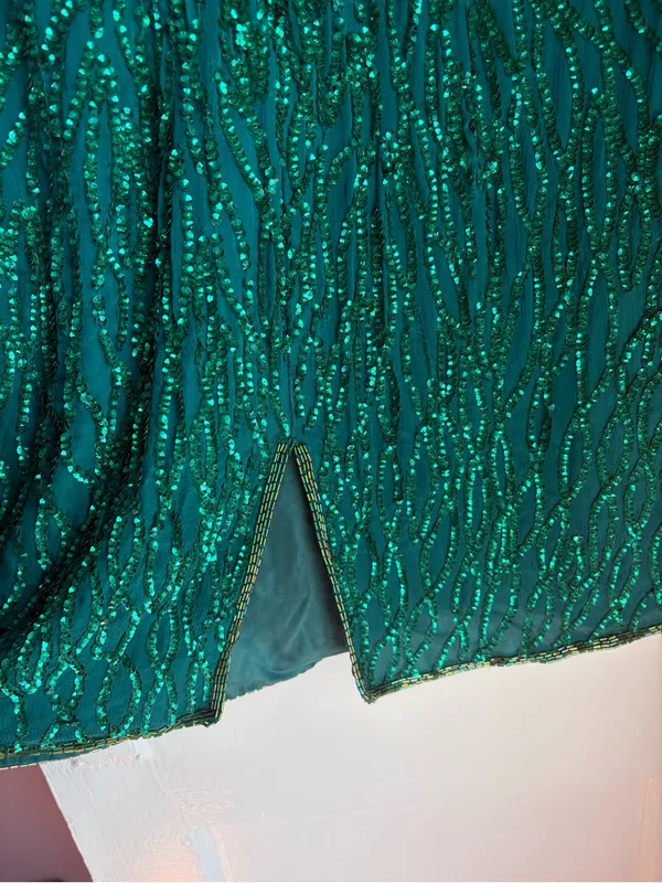 Vintage Laurence Kazar Emerald Green Silk Beaded Sequin Cocktail Dress Large - Image 6