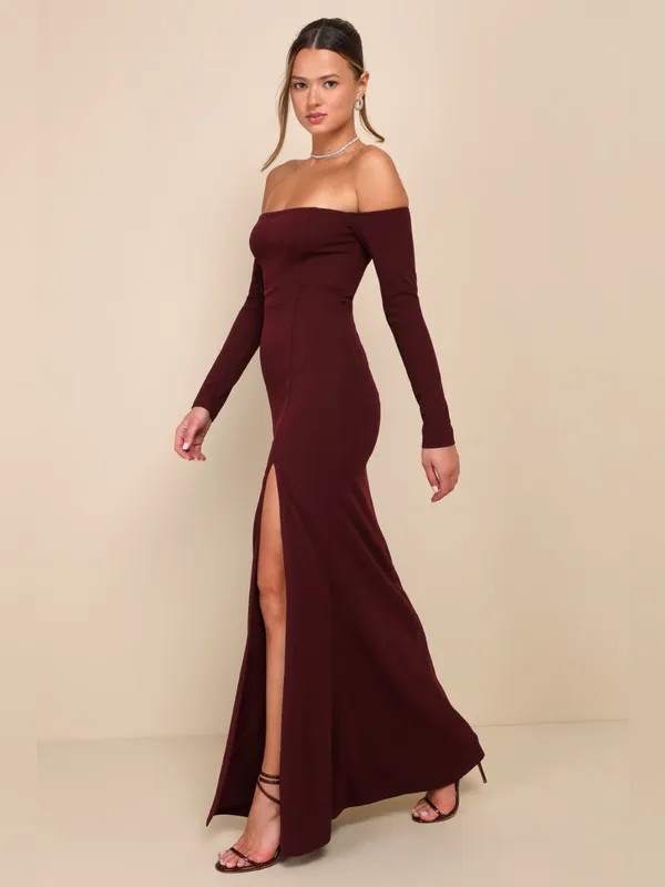 Lulus Alluring Sophistication Dark Plum Off-the-Shoulder Maxi Dress Size Large - Image 3