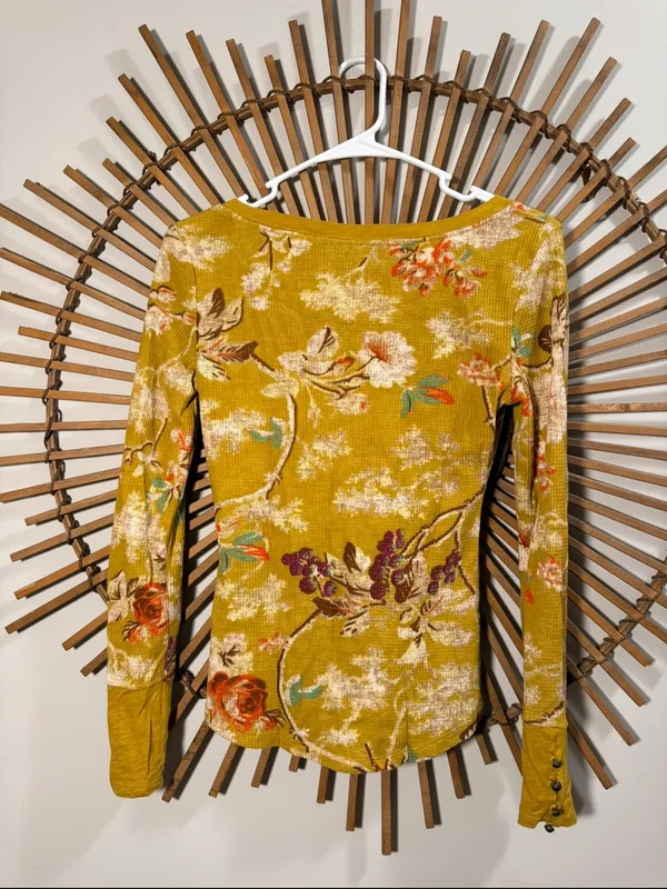 Anthropologie Yellow Floral Waffle Henley Long-Sleeve Top Cottagecore Boho - Image 4