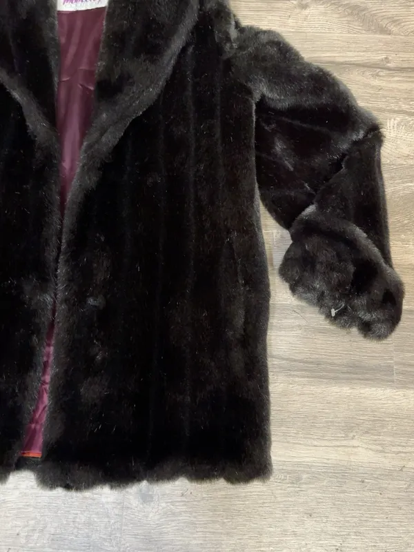 Vintage Monterey Fashions Faux Fur Coat Black Dark Brown Burgundy Lining SZ 12 - Image 4