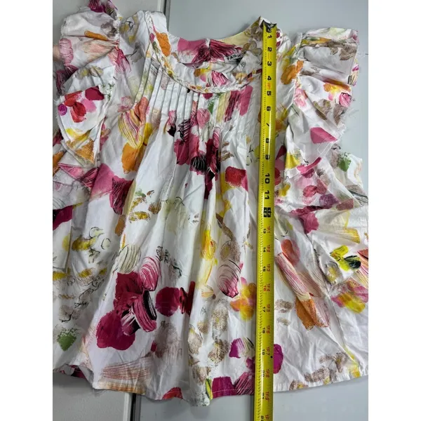 FAIRHOPE White Floral Ruffle Sleeve Pintuck Neck Blouse Women's‎ Medium - Image 5