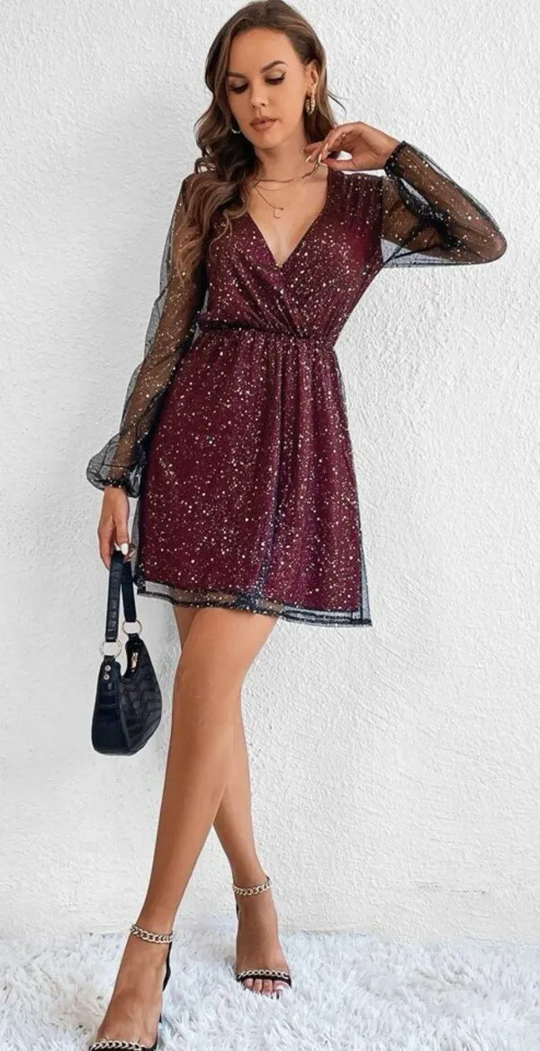 Bling Mesh Sleeve Long Red Maroon Mini Flare Dresss Small Nwot V - Image 6