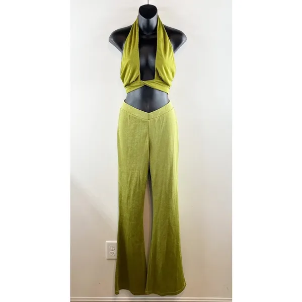 Peppermayo Wrap Tie Crop Bra Top and High Rise Flare Pants Matching Set Green 6 - Image 5