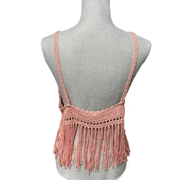 POL Crochet Fringe Crop Top Bralette – Boho Festival Tank, Dusty Rose Pink, Sz L - Image 5