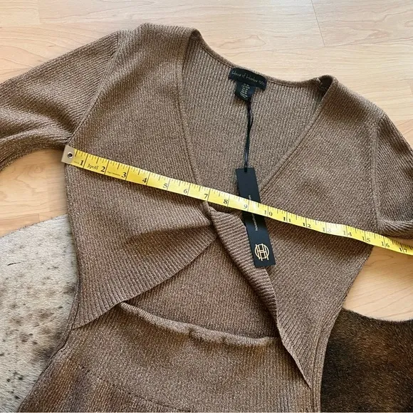 HOUSE OF HARLOW NWT Brown Twist Front Long Sleeve Ribbed Shimmer Dress Size M‎ - Image 4