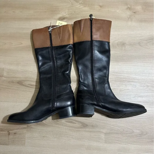 Franco Sarto Black and Brown l Chipper Leather Riding Boots‎ Size 9.5 Two Tone - Image 4