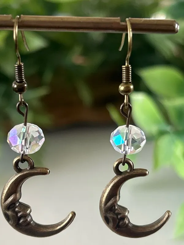 Handmade brass moon earrings with AB crystals - Image 2