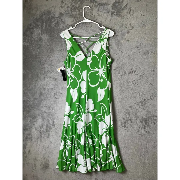 Vintage Tropical Hibiscus Floral Midi Dress Green White Resort Vacation S New - Image 3