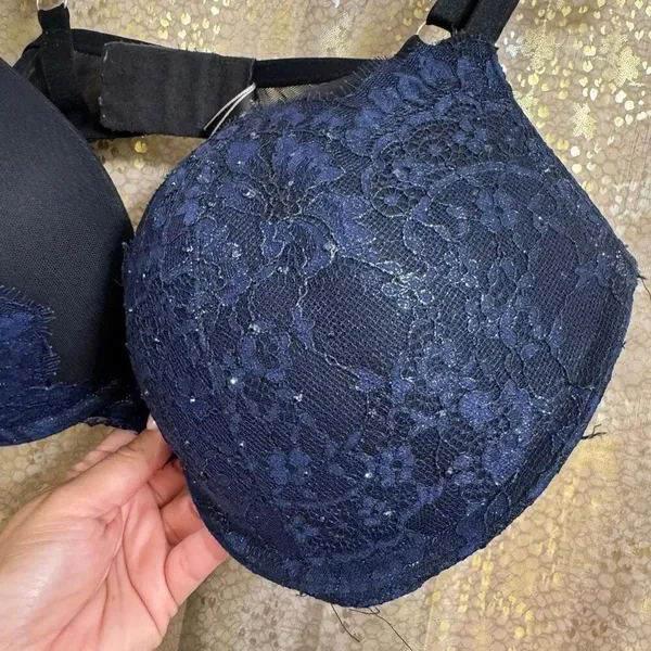Victorias Secret Very Sexy Pushup Navy Blue Black Lace Rhinestone Bra 38DD - Image 3