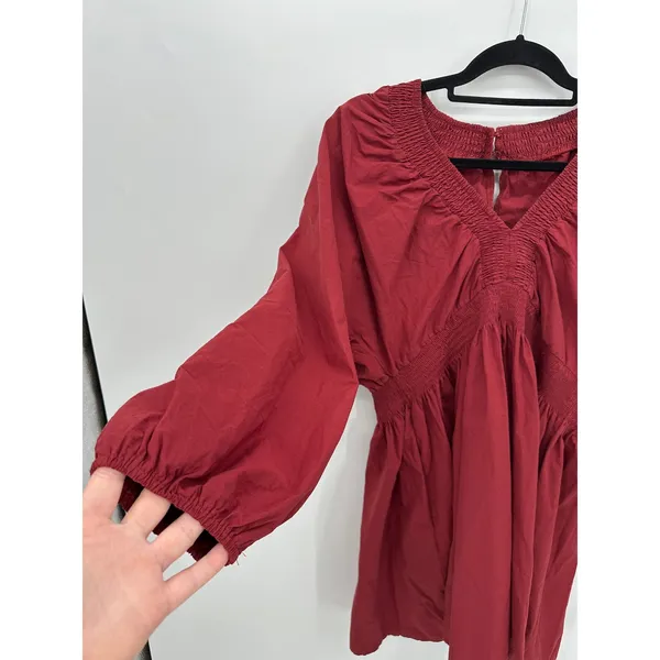 Cottagecore Red Smocked V-Neck Balloon Sleeve 100%‎ Cotton Mini Dress Sz L Boho - Image 4