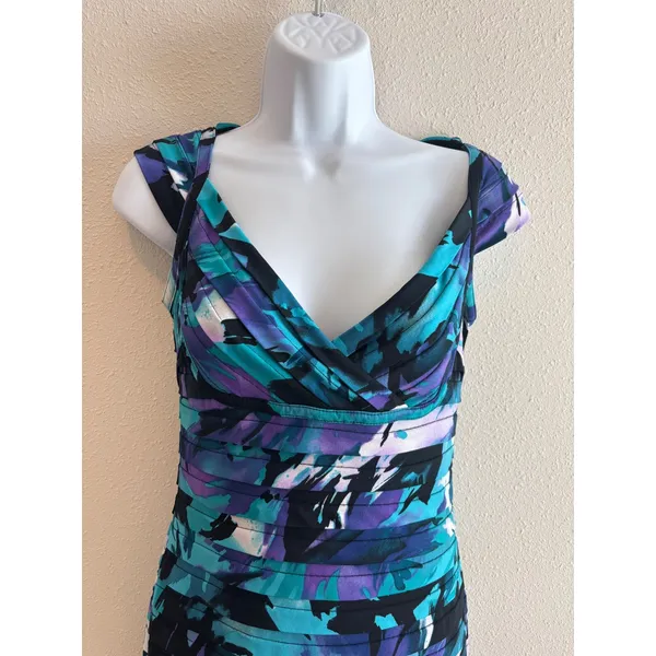 Adrianna Papell‎ Sheath Dress 6 Teal Purple Abstract Shutter Pleat Cocktail - Image 5