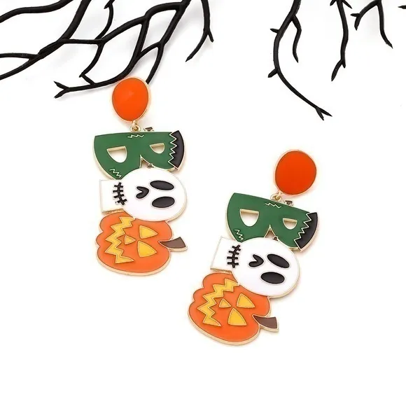 NWT Pumpkin Ghost Death Skeleton Skull Frankenstein Halloween Boo Stud Earrings - Image 6