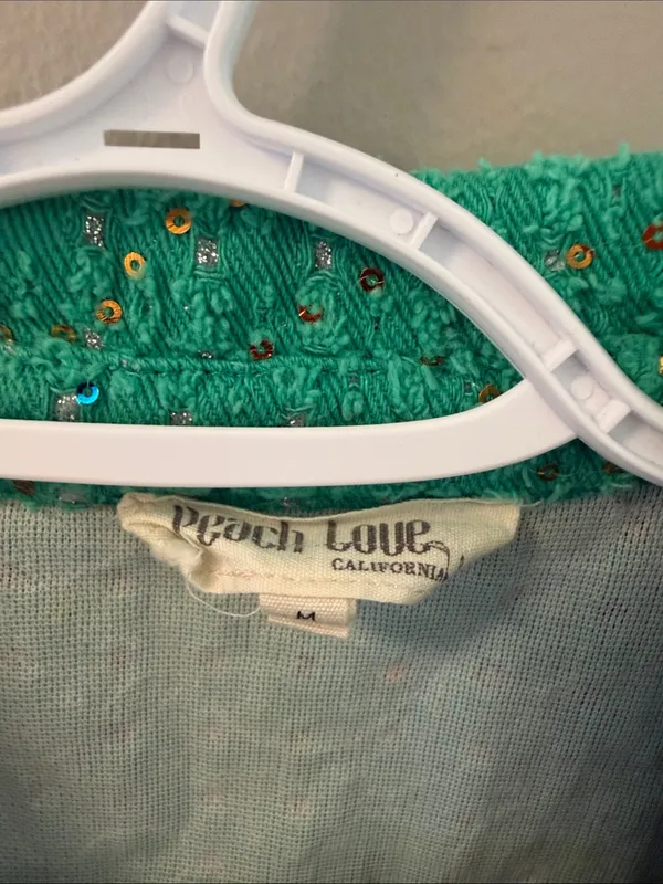 Peach Love California Green Tweed Sequin Utility Romper Size Medium Tournament - Image 6