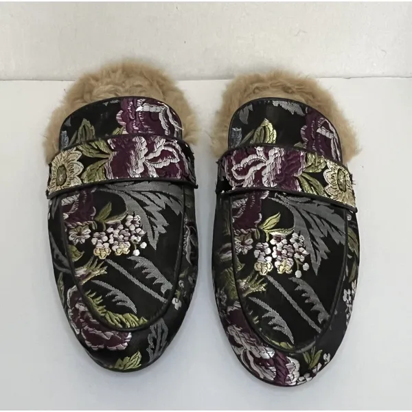Steve‎ Madden Kaden Mules Women 7.5 Black Floral Brocade Faux Fur Lined KADE01S1 - Image 2