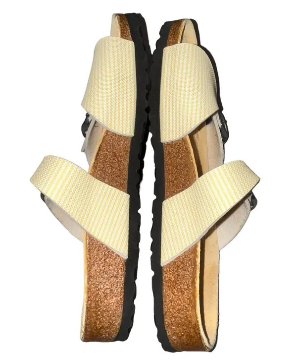 Birkenstock Birki's Aziza Yellow & White Two Strap Slides Sandals 39 8 Narrow - Image 3