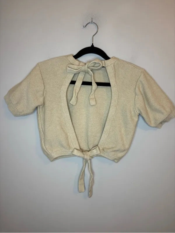 Rue Stiic L Cream Cotton Knit Open Back Tie Back Cropped Top - Image 4