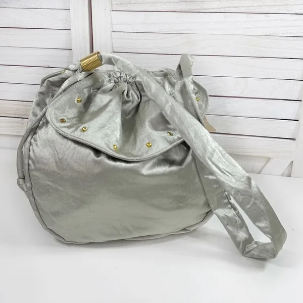 Lily Y2K Satin Studded Drawstring Hobo Pouch Bag‎ Sage Green Silver Gold - Image 12