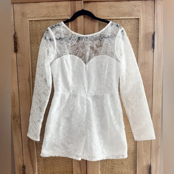 Lulus My Clarity Ivory Mesh Floral Embroidered Romper Bridal Size Medium Lace - Image 4