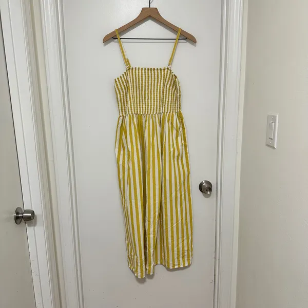 A New Day‎ | Woman's Yellow White Striped Smocked Sundress Midi Dress, Size S - Image 4