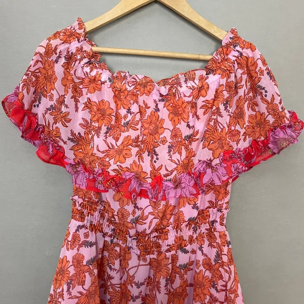 Jessica Simpson Floral Dress Off the Shoulder Amelia Pink Orange Size XS Girly - Image 4