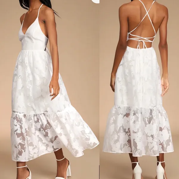 NWT Lulus Small Feeling Like Forever White Jacquard Organza Lace-Up Midi Dress - Image 2