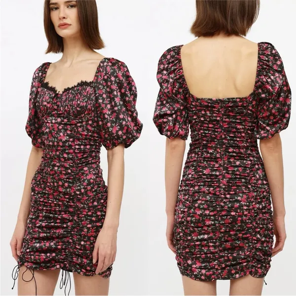 For Love & Lemons Melrose Ruched Puff Sleeve Mini Dress‎ Satin Multicolor Size M - Image 2